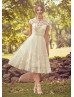 Cap Sleeve Ivory Lace Tulle Knee Length Wedding Dress